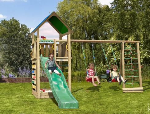 Jungle Lodge | Wooden climbing frame with swings & climbing net