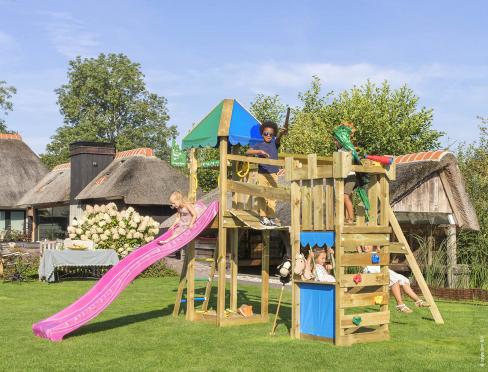 Jungle Bayou | Wooden climbing frame with slide & market stall