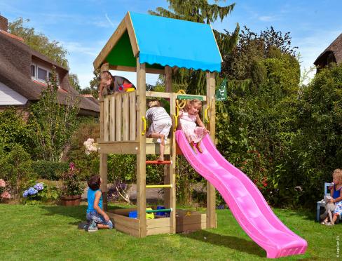 Jungle Nest | Wooden climbing frame with slide & market stall
