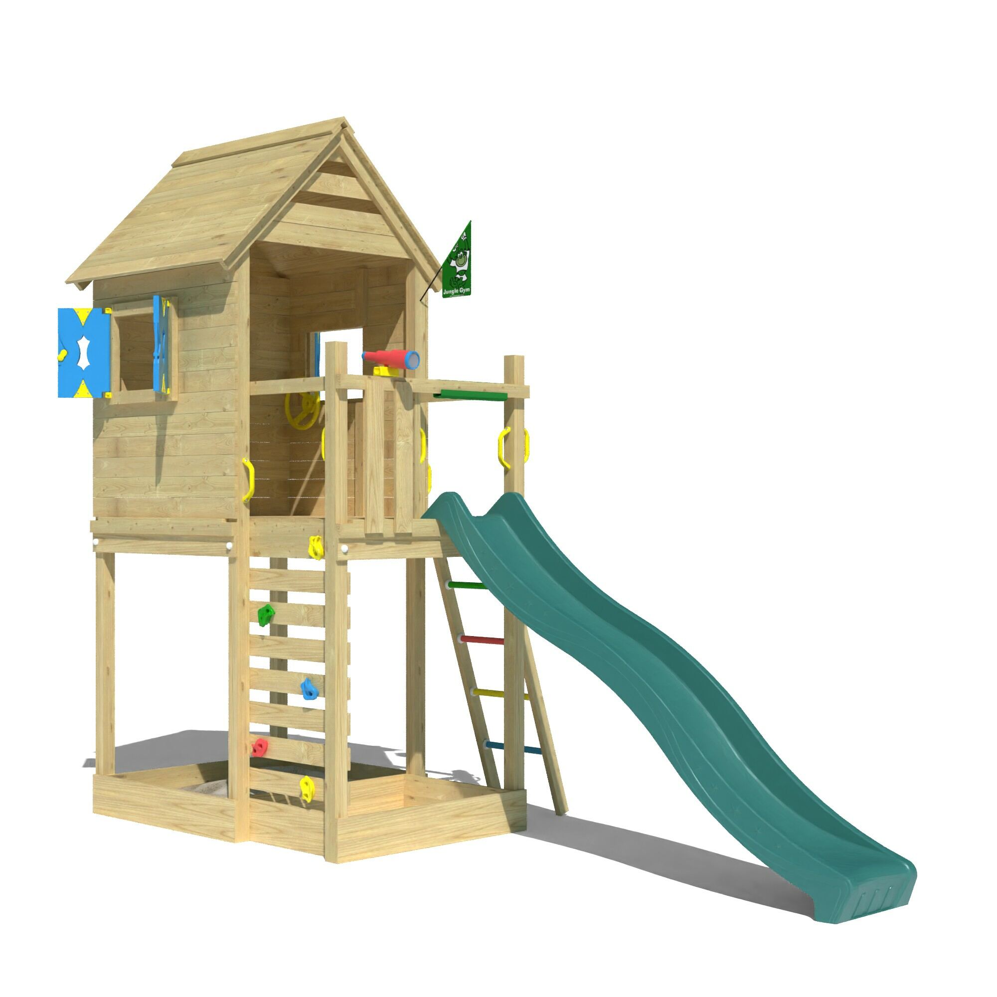 Wooden climbing frame with a green slide, ladder and playhouse