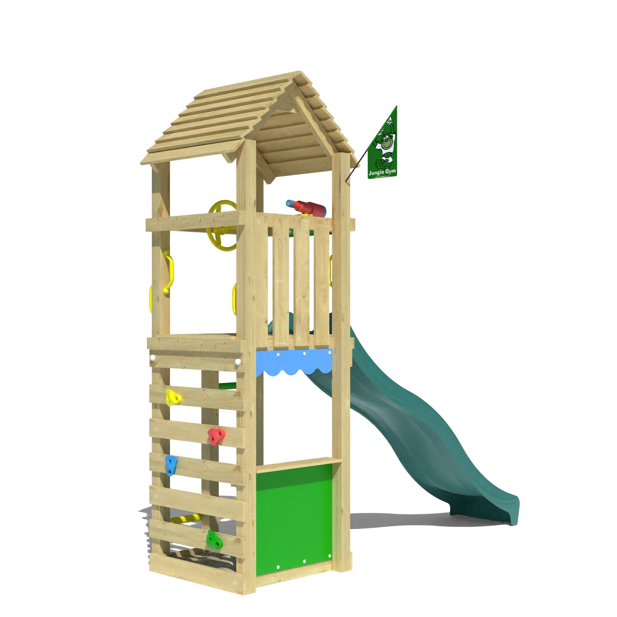 Wooden climbing frame with green slide, ladder, and market stall