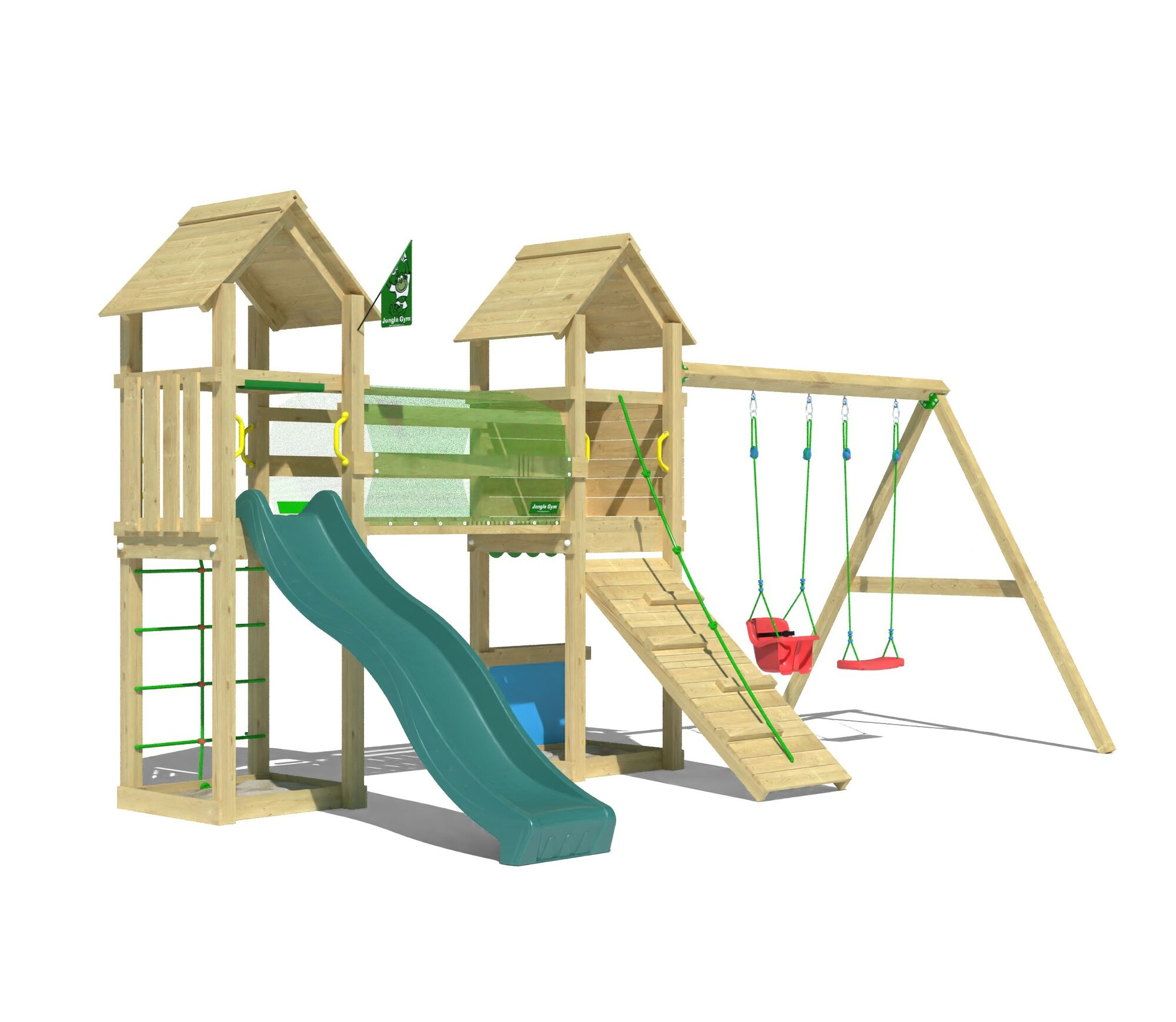 Wooden climbing frame with two play towers, green slide, double swing, and crawl bridge