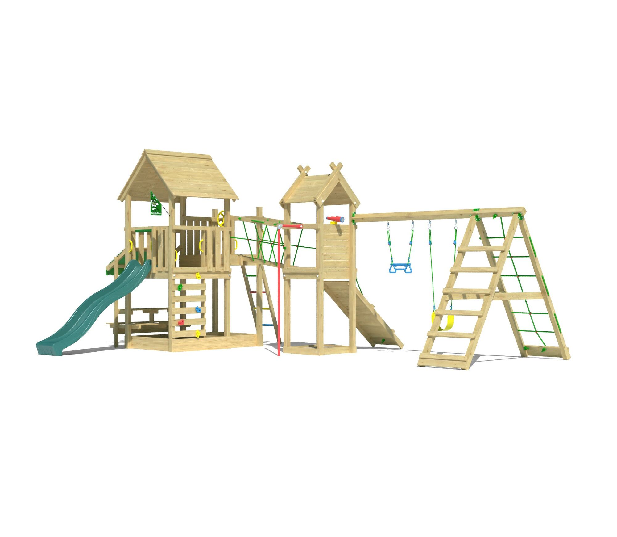 Large wooden climbing frame with multiple play towers, slides, swings, and climbing features