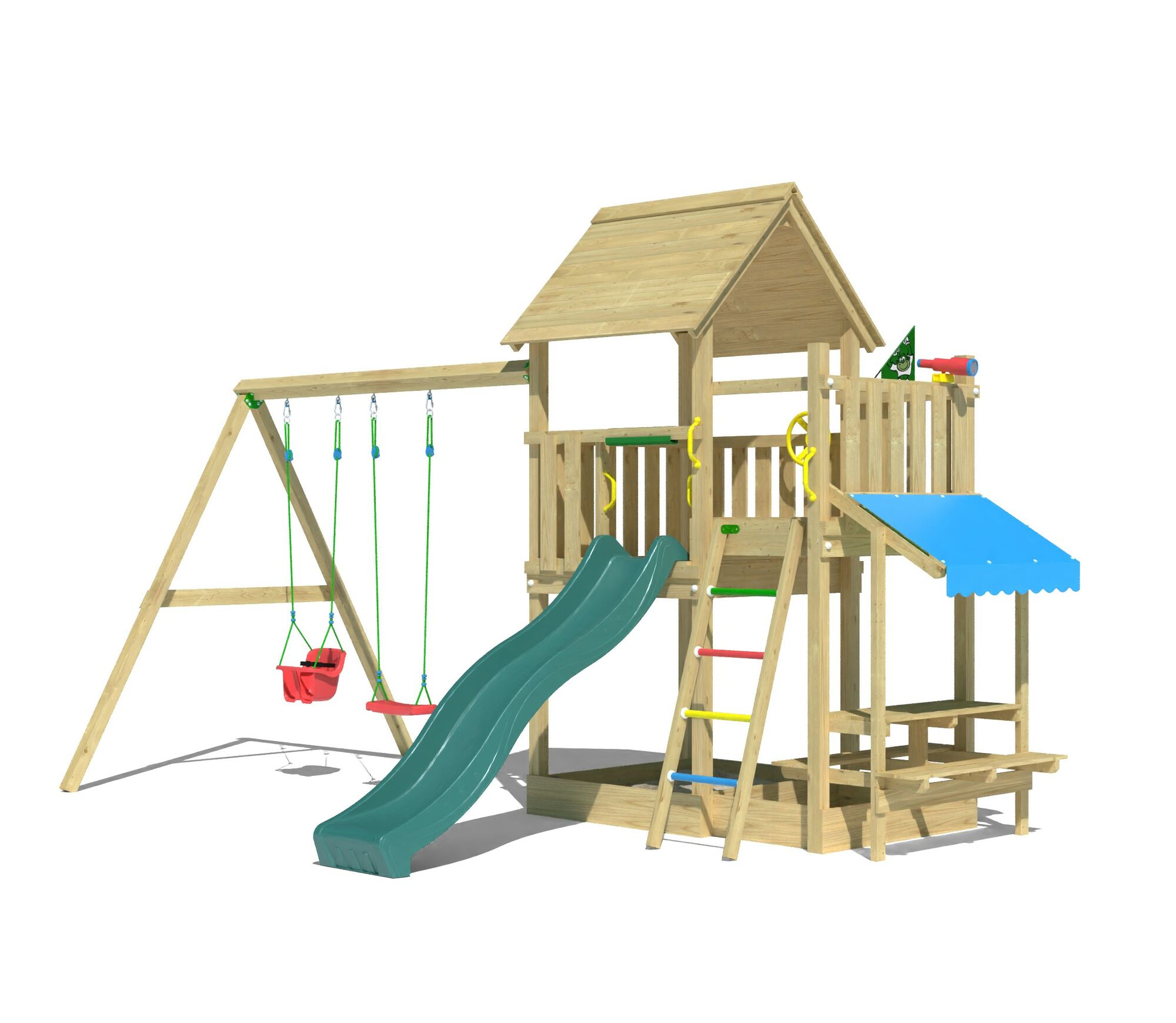 Wooden climbing frame with double swing, a slide, a playhouse and picnic table